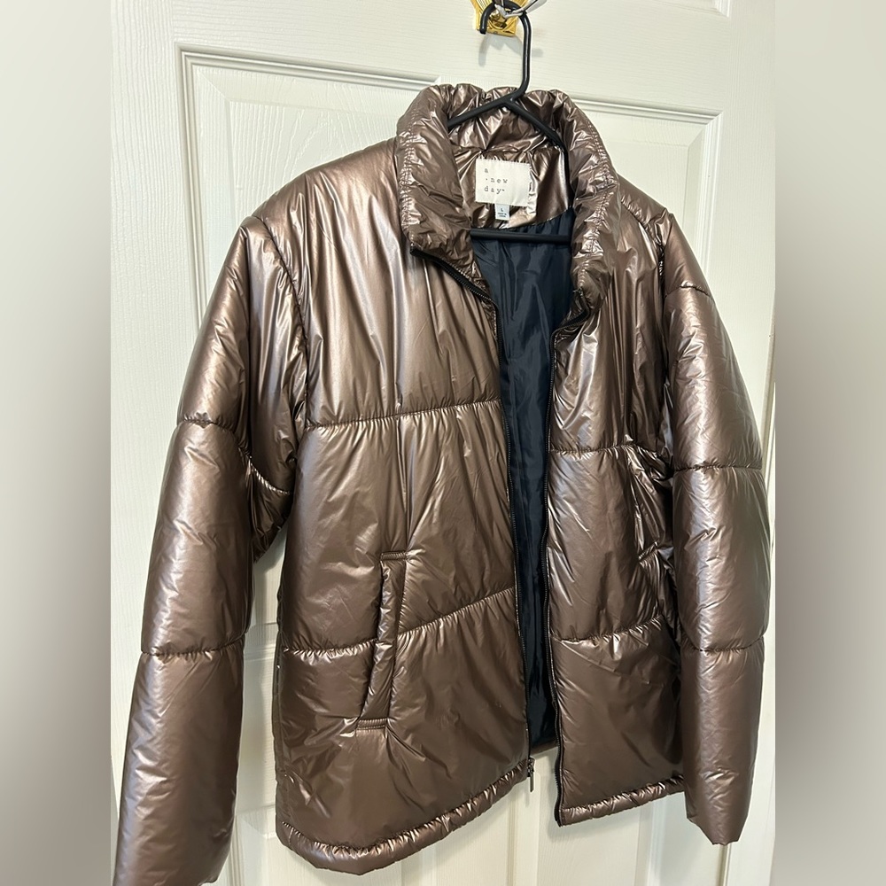A New Day Womens Rose Gold Metallic Chrome Puffer Winter Jacket - Picture 4 of 7